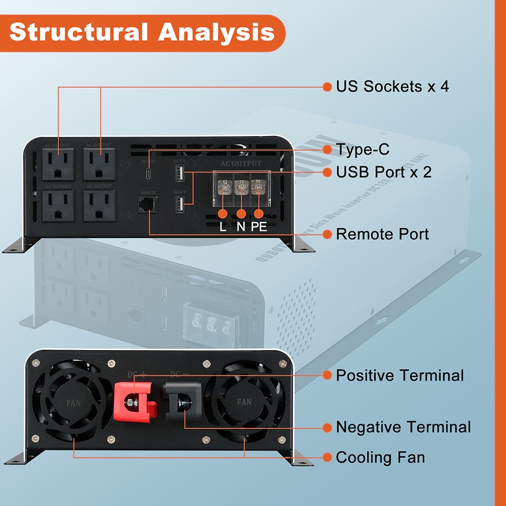 Tianmo 3000W Pure Sine Wave Inverter Wireless Wired Remote